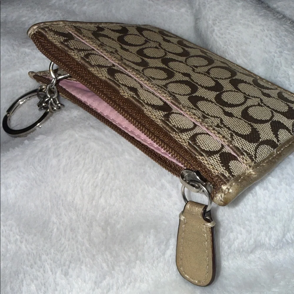 Coach Gold Metallic Trim Signature Keychain Card Case